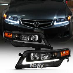 For 04-08 Acura TSX LED Bar Neon Tube BLACK Projector Headlight Left+Right Lamp